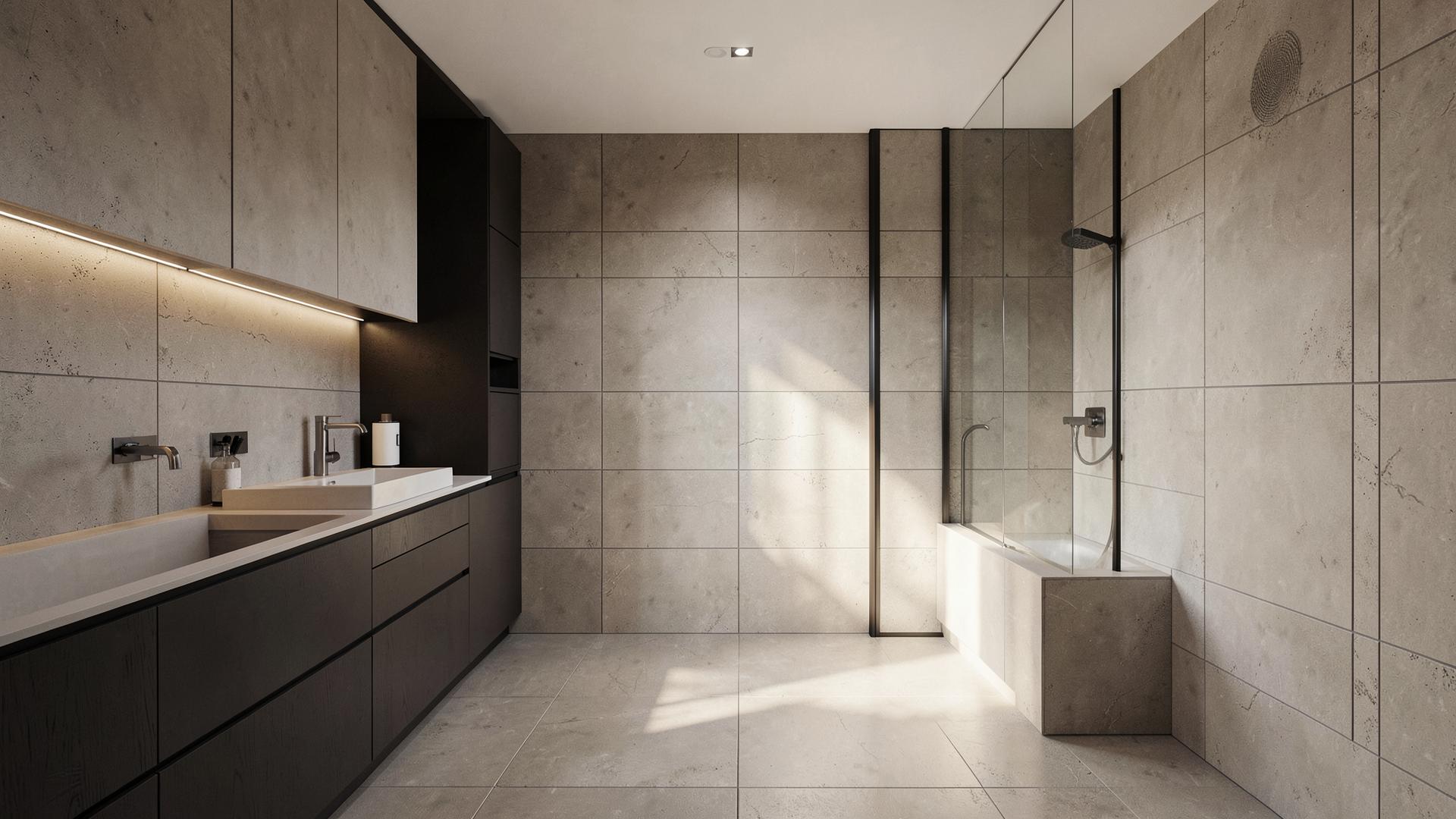 Renovated modern bathroom with stone tiling by EUNEQ Builders